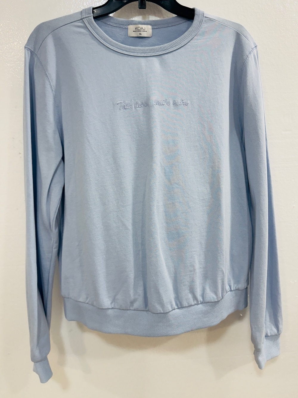KOAJ Light Blue Crewneck Sweatshirt Embroidered Graphic Pullover XL Casual Cozy - Picture 2 of 9